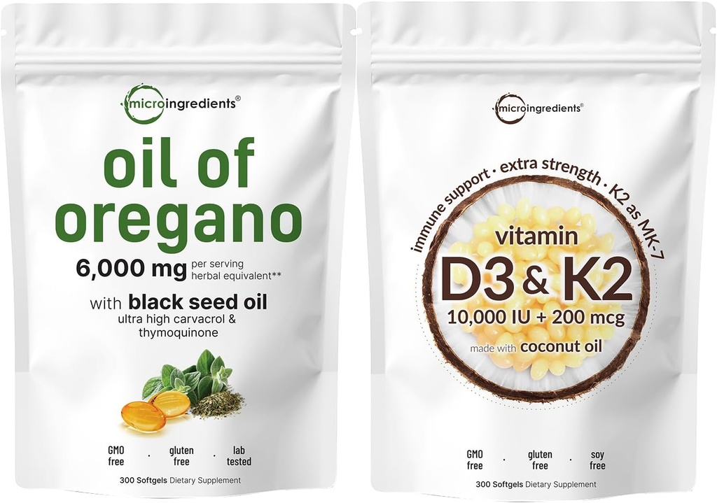 Micro Ingreations Oil of Oregano Softgels 6000 mg Per Serving & Vitamin D3 100,000iu + K2 200mcg Oil Softgels Bundle 2 Pack 124X Strength Carvacrol