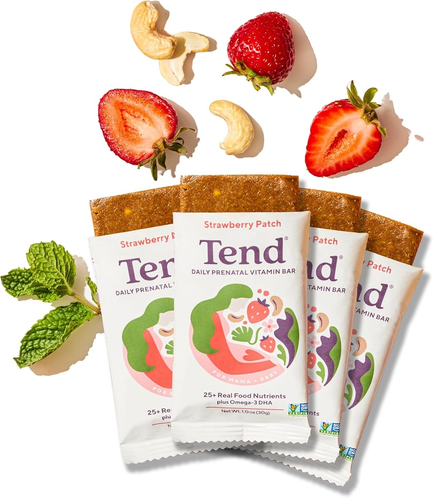 Tend Daily Best Prenatal Vitamin Bar, Dibuat dengan Ingrediens Organik untuk Pregnant & Postpartum Mothers, Termasuk DHA, Vitamin D, B, Choline, Flolate - Strawberry Patch (4ct)