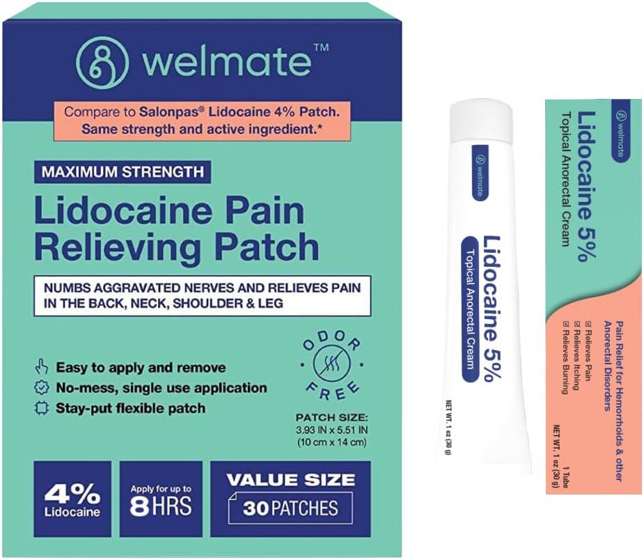 WelMATE Ultimate Pain Relief Duo: 4% Lidocaine NuringPatch (30 Ct) & 5% Lidocaine Cream (1 Oz)