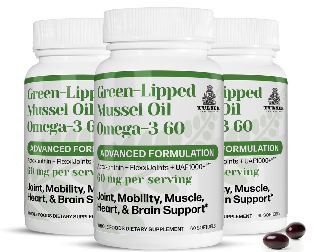 TURNER Selandia Baru Green Lip Omega- 3 Mussel Oil, Potensi 53x Tinggi dengan UAF1000 + Super Antioksidant. Tidak ada Fishy Aftertaste, 3 Botol, 180 Softgels
