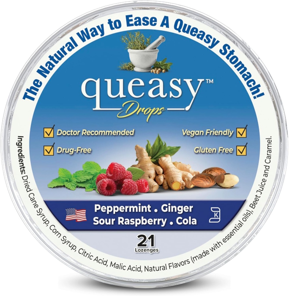 Three Lollies Queasy Drops - Ease Kemoterapi Nausea & Travel Sickness - Leviates a Dry Mouth - Natural Ingreations - 21 ct