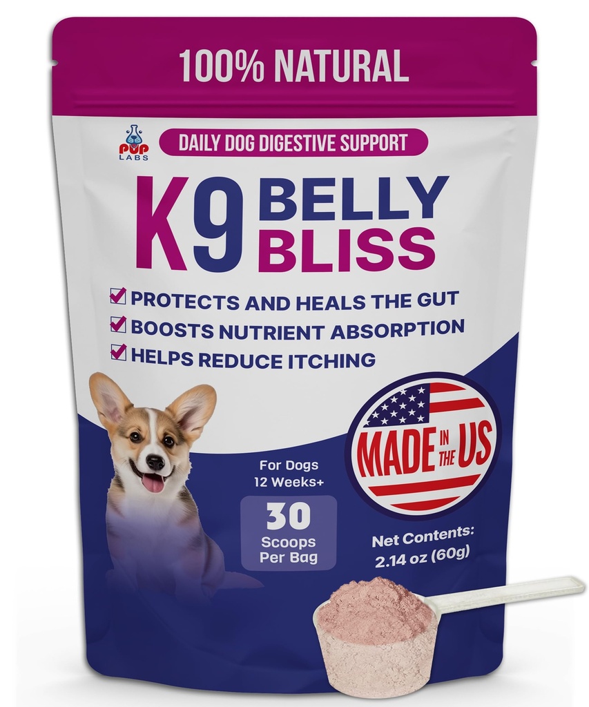 K9 Belly Bliss, All- Natural Gut Health for Dogs, Vet Approved Prebiotic for Dogs for Daily Digetical Support and Dog Constipation Relief, Easy to Use Topper for Dry and Wet Food, 30 Scoops.