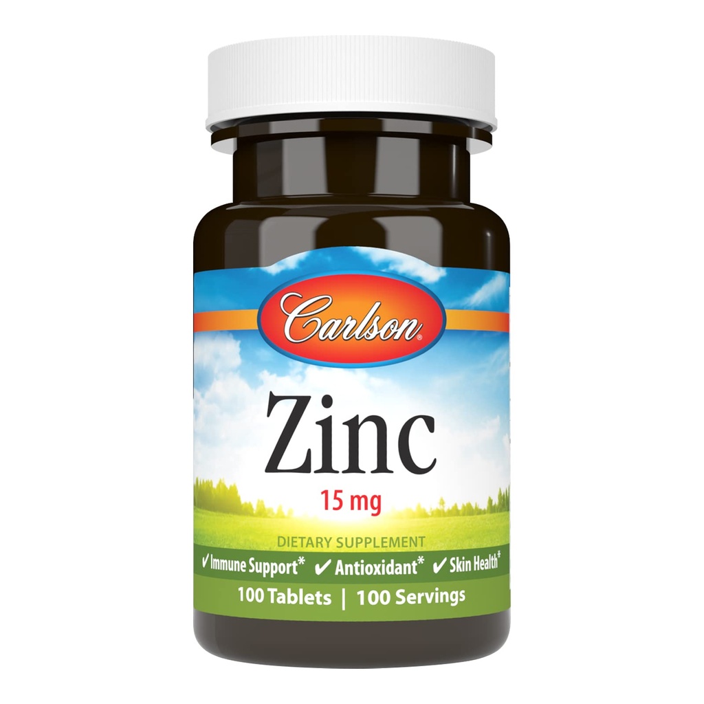 Carlson - Zinc, 15 mg, Tambahan Zinc, Gluconate Zinc, Dukungan Ammune & Skin Kesehatan, Tablet Zinc, Antioksidant, Kasules Zinc, 100 Tablet