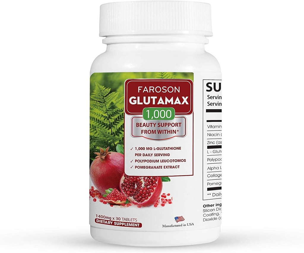 Glutamax 124; Whitening from Inside 124; Glutathione 10000mg, Fern & Petrate Extract 124; antioksidant Dupport, Skin Elasticity, Reduce Skin Aging for Women 124; 30 Tablets Made in USA