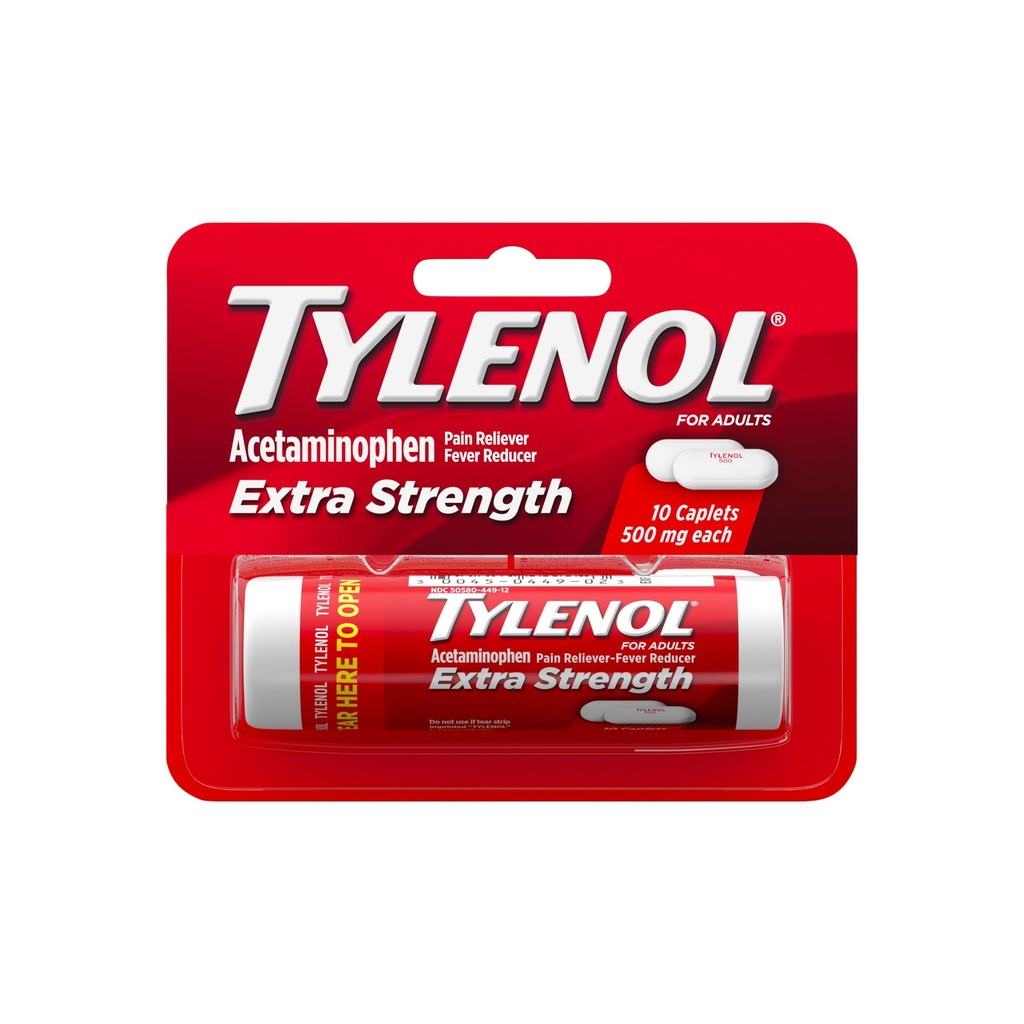 Tylenol Extra Strength Caplets, 500 mg Acetaminophen, Travel Size, 10 ct