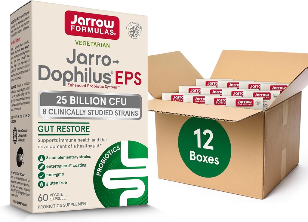 Jarrow Formulas Jarro- Dophilus EPS Progities 25 Milyar CFU untuk Dukungan Tract Intestorial, Suplemen Kesehatan Gut untuk Perempuan dan Pria, 60 Vevgie Capsules, Sampai dengan 60 Hari Supply, 12 Paket