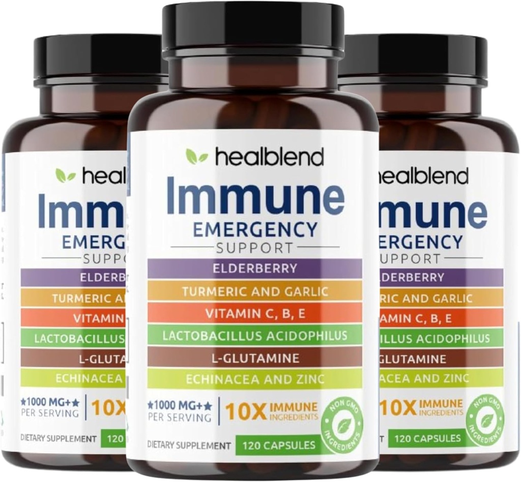 Percampuran 10 dalam 1 Imune Supplemen Booster dengan Elderberry, Zinc, Echinacea, Turmeric, Laciillus Acivoillus, untuk Dewasa (3 Pack)