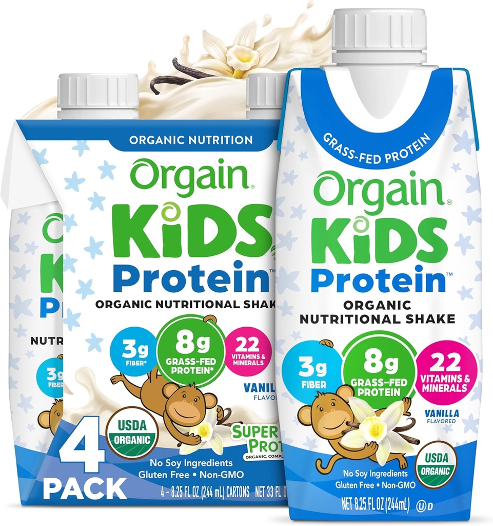 Orgain Organic Kids Protein Nutronation Shake, Vanilla - 8g Protein, 22 Vitamin & Minemins, Fruits & Vegetable, Gluten Free, Soy Free, Non-GMO, 8.25 Fl Oz (Pack of 4)