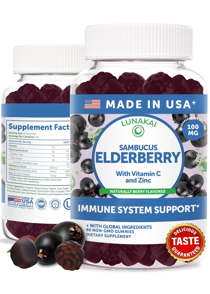 Lunakai USA Made Black Sambucus Elderberry Gummies for Adults & Kid with Vitamin C & Zinc - Imune Dupport, Antioksidants, Non- GMO, 60 Gummies