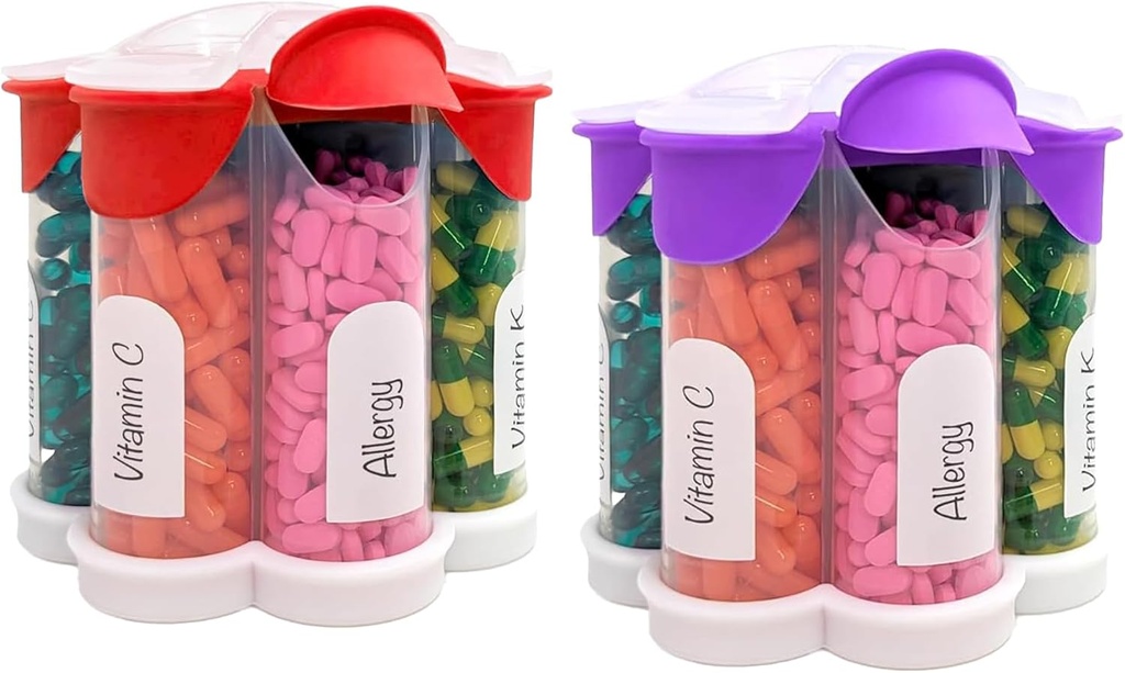 Extra Large Pill Organizer Daily, Weekly, Monthly Suplement Bottle, Cute Blossom Pill Dispenser dengan 7 XL Compartment (2 Pack Combo) (Purple and Red)