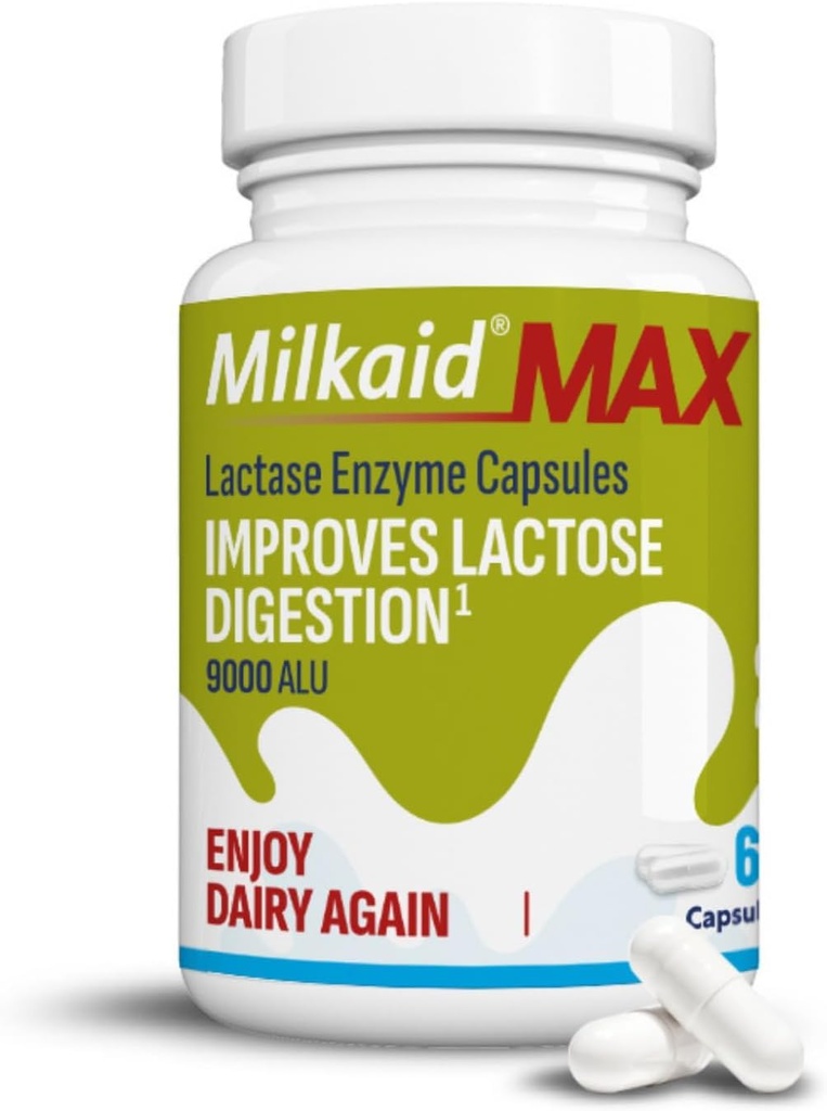 Milkaid Max Capsules for Laktosa Intoleransi Relief with Lactase Enzyme, Dietary Suplement to Help Prevent Gas, Bloating & Diare Because to Laktosa Sensitivity 124; 9000 ALU (60 Capsules, Unflamited)