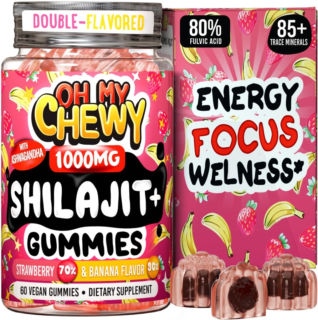 Pramulir Himalaya Shilajit Gummies - Bernilai Emas Tinggi Resin - Energi Boost dan Imuniune Dukungan untuk Pria dan Wanita dengan Ashwagandha dan Shatakari - 60 Gujuni - Strawberry & Banana