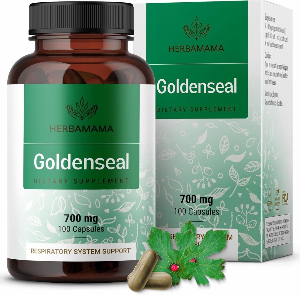 HERBAMAMA Goldenseal Root Capsules 700mg - Respiratory System & Ammune Dukungan dengan Goldenseal Powder Suplemen - Vegan, Non- GMO