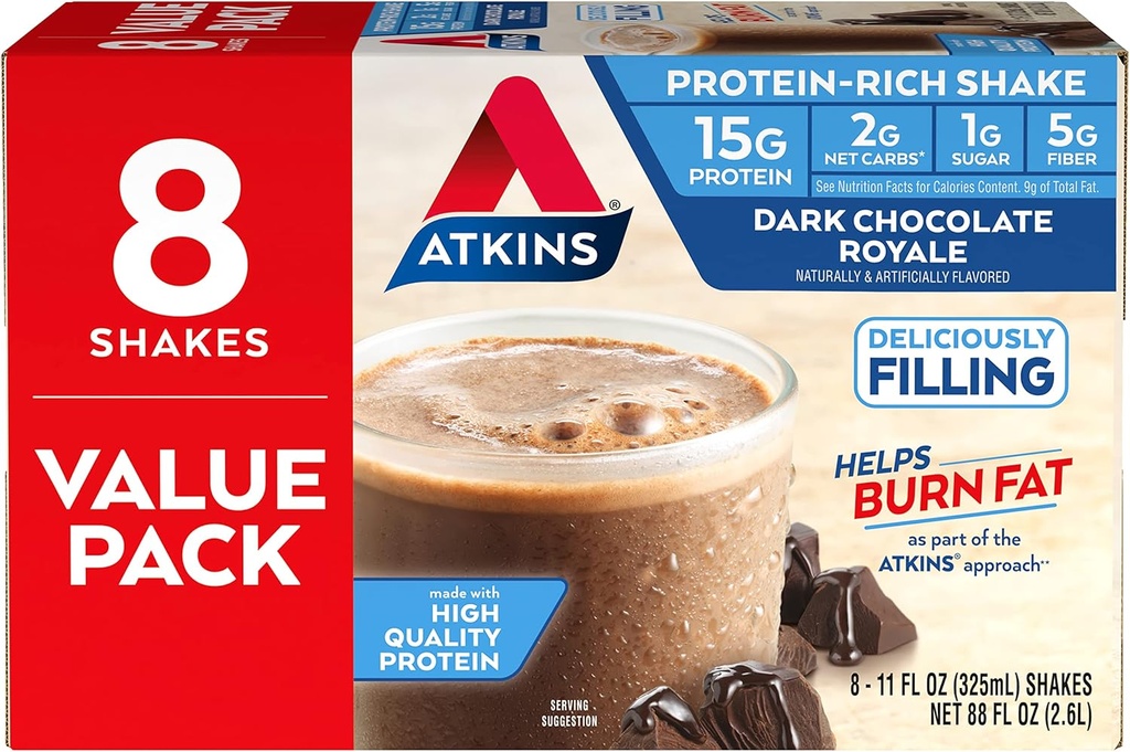 Atkins Gluten Free Protein - Rich Shake, Dark Chocolate Royale, Keto- Friendly, 8 Count (Paket 1)