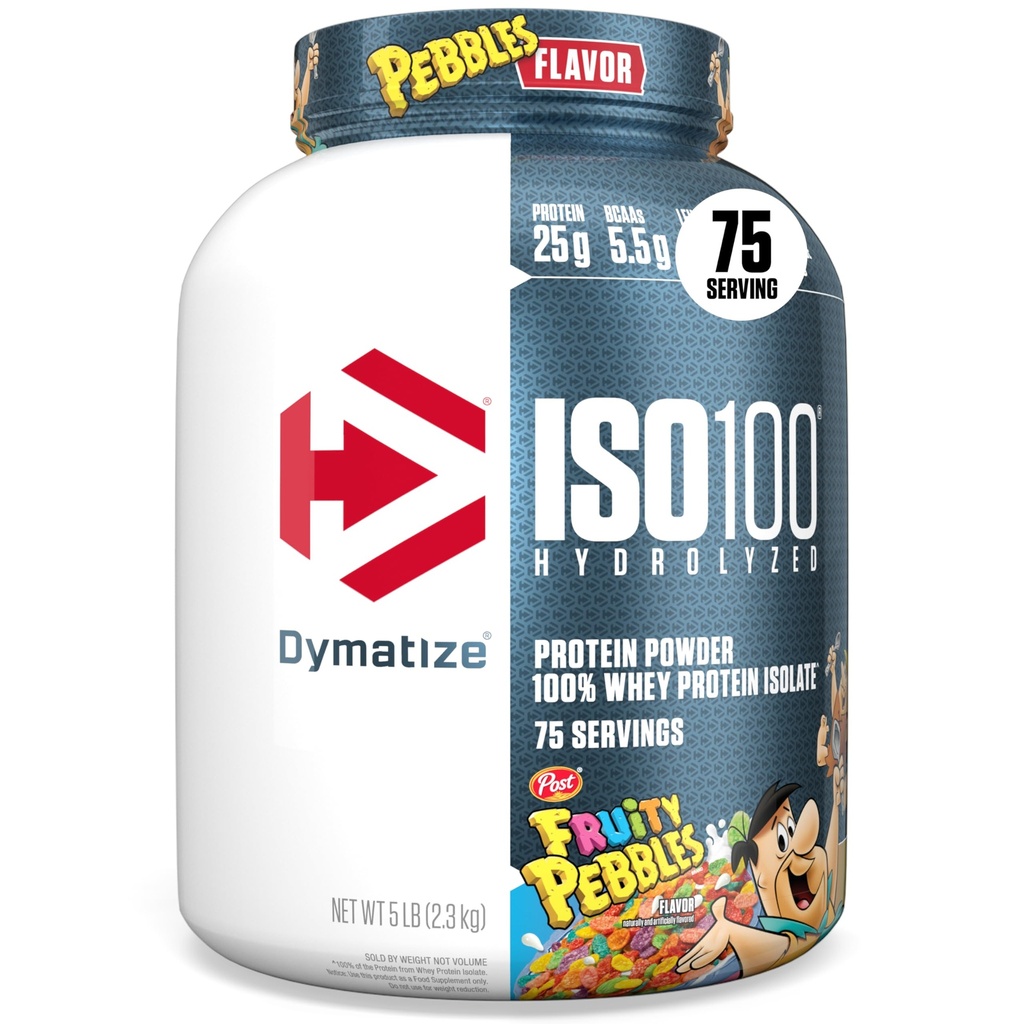 dymatize x Fruity Pebbles ISO100 Whey Protein Powder Isolate, 25g of Protein, 5.5g BCAAs, 120 Cal., Gluten Free, 1g Fat, 1g Sugar, 2g Carb (75 Pelayan)