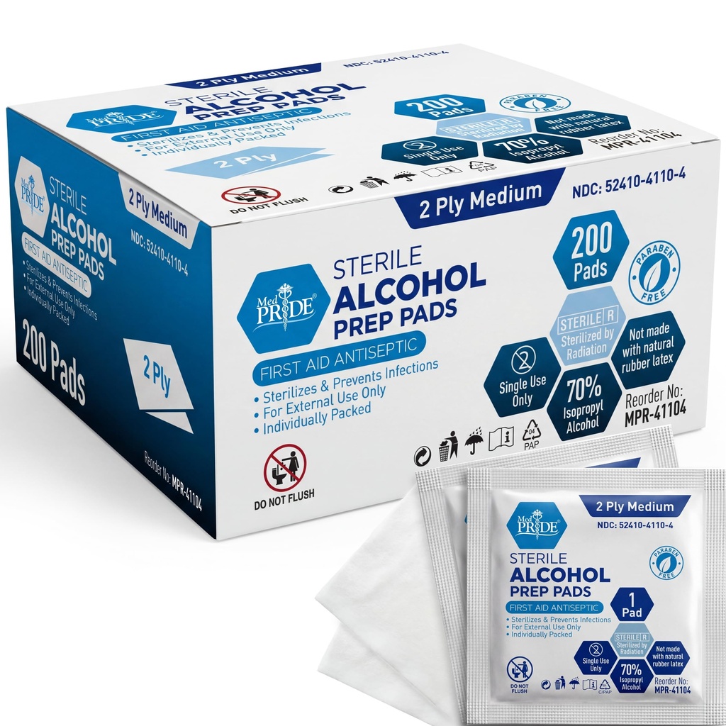 MED PRIDE Sterile Cooline Prep Pads, Antiseptic, 70% Iisopropyl, Individually Wrapped, Medical Grade 2 Ply Wipes (200 Count (Paket 1) White)