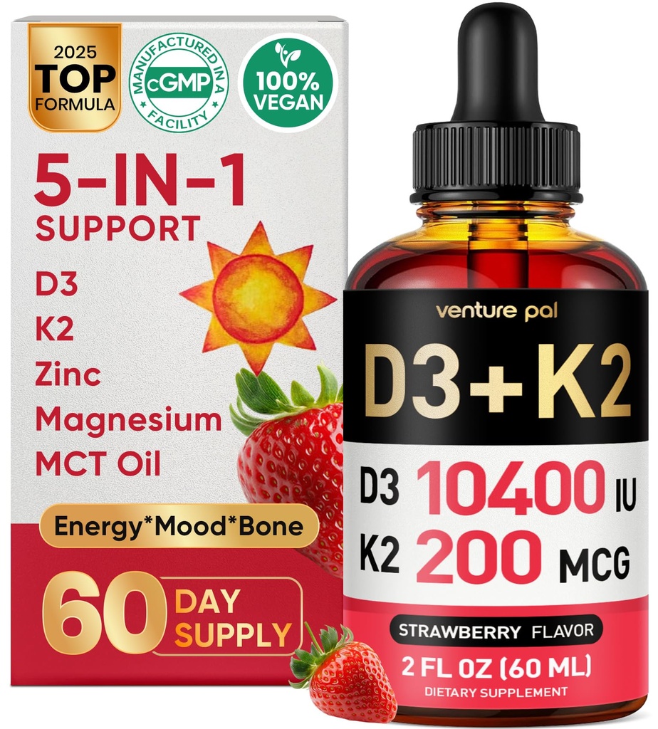 Venture Pal 5in- 1 Vitamin D3 1004 IU & K2 sebagai MK-7 200mcg dengan Magnesium, MCT Oil, Zinc, Sugar- Free Vitamin D Liquid 124; Maksimal Absorpsi untuk Bone, Mood & Imune Kesehatan - 2 FL OZ, 67 hari