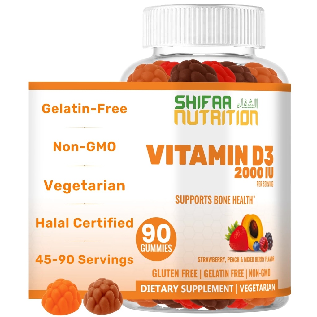 SHIFAA NUTRITITION Vegetarian Vitamin D3 Gummies for Dewasa & Anak-anak 124; 45- 90 Pelayan, 2,000IU / 1.000IU = 1000IU 124; Non- GMO, Gluten- Free, Glatin- Free 124; Pasokan Bones, Muscles & Imune System Halal Vitamin