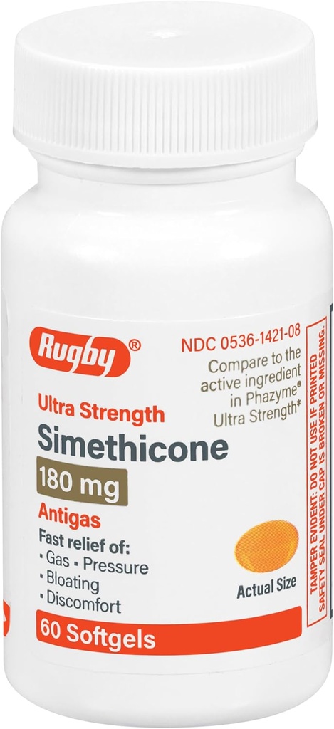 Rugby Ultra Power Simethacon Gas Relief 180 mg - Maximum Gas Relief for Dewasa - May Help with Symptoms of Flatulence, Bloating, Gas Fullness - 60 Softgels (1 Pack)