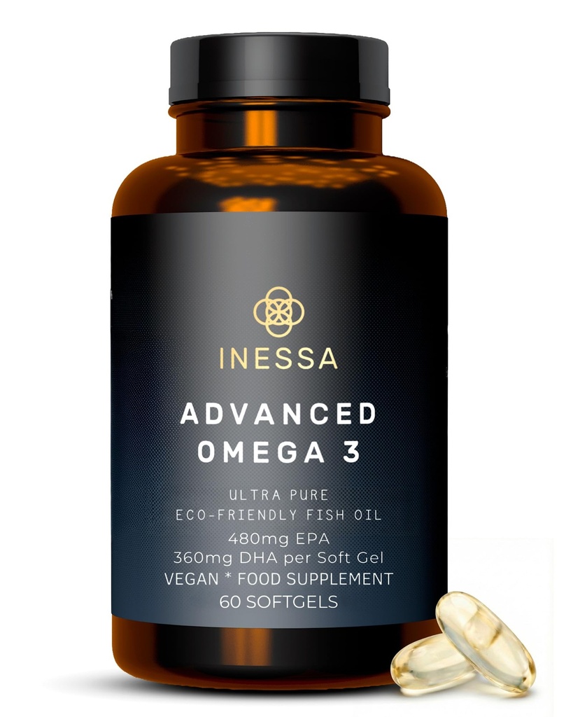 Omega 3 Minyak Ikan 1200mg (480mg EPA / 360mg DHA per Capsule) Kekuatan Tinggi, Ultra Pure, Eco Friend60 Kapsul, 2 Bulan Supply. GMP & Friends of The Sea Sertifikasi