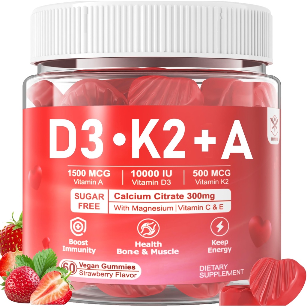 Vitamin D3 1000iu + K2 MK7 + A Gummies with Calcium Magnesium Zinc for Women, High Potency ADK Tambahan Vitamin Support Healthy Imune System, Bone and Vision Fungsi, Sugar Free 120 Cts