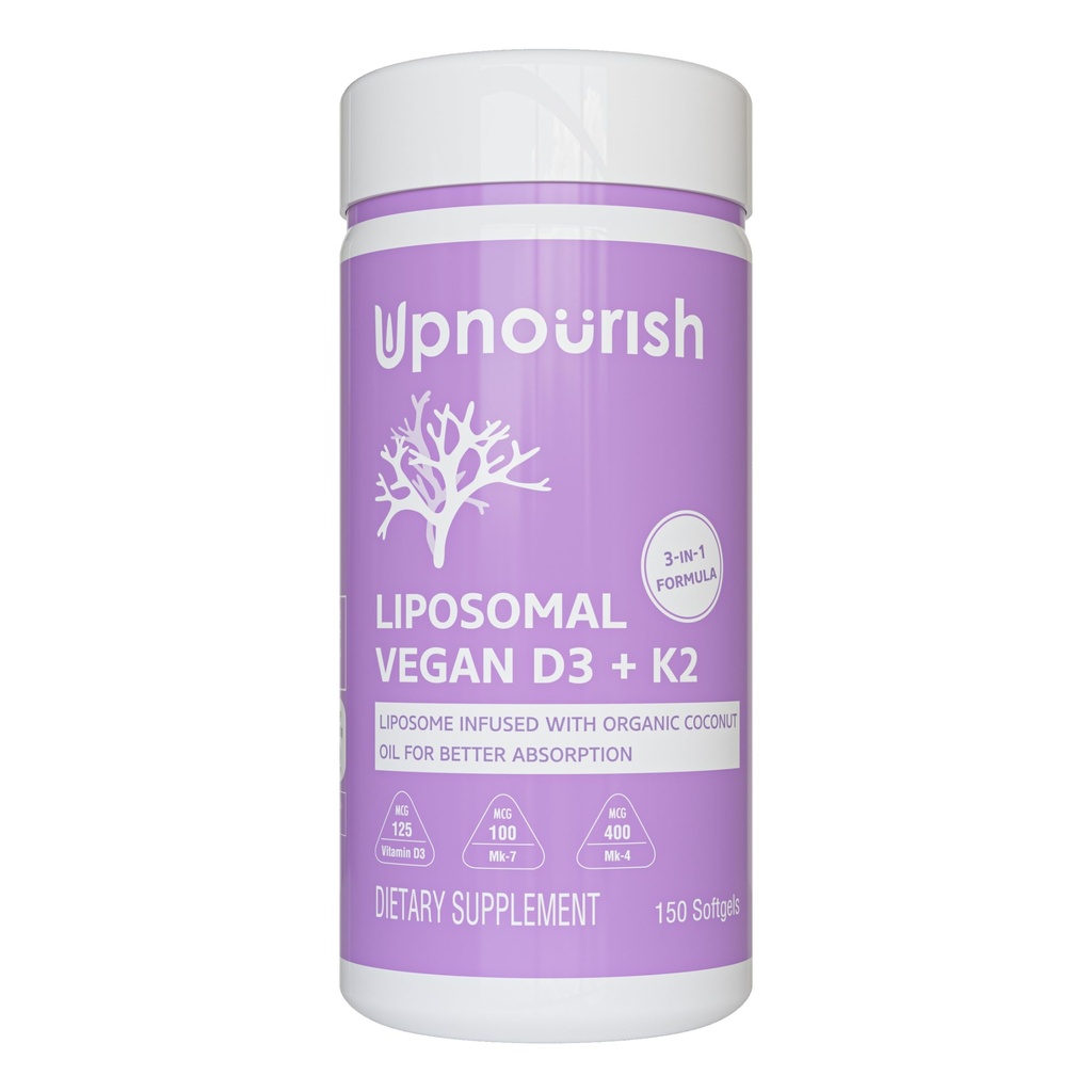 UpNdisupported Vegan Vitamin D3 5000 IU K2 MK4 MK7 500 mcg Suffels, 150 Softgel, Tanaman Based Lipomal Vitamin D K dengan organik Coconut Oil, Non GMO, Gluten dan Gelatin Bebas