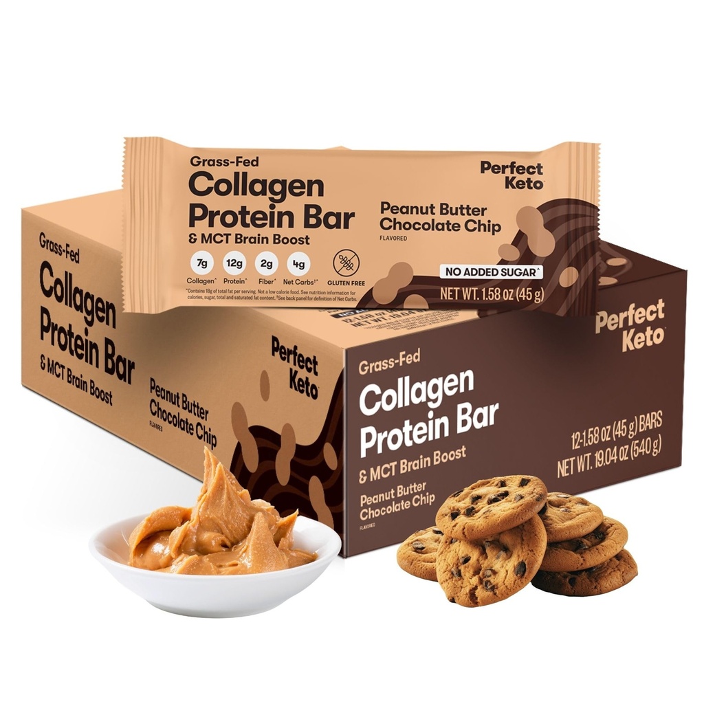 Bar Perfect Keto Collagen Protein, Gluten Free Grass Fed Collagen + MCT Oil, Low Carb, No Sugar added, High Protein Snacks, Keto Diet Foods, 13g Protein, 18g Fat, 3g Net Carbs, Peanut Butter Chocolate Chip, 12 Bars