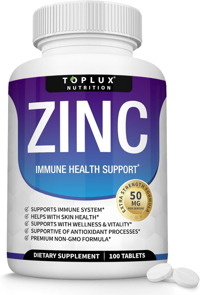 Suplemen Zinc untuk Dukungan Imune - Pure Natural Zinc Oxide ke Boost Immune System, Dukungan Skin & Antioksidant, Potency Tinggi kekebalan Booster, untuk Perempuan Pria, 100 Tablet