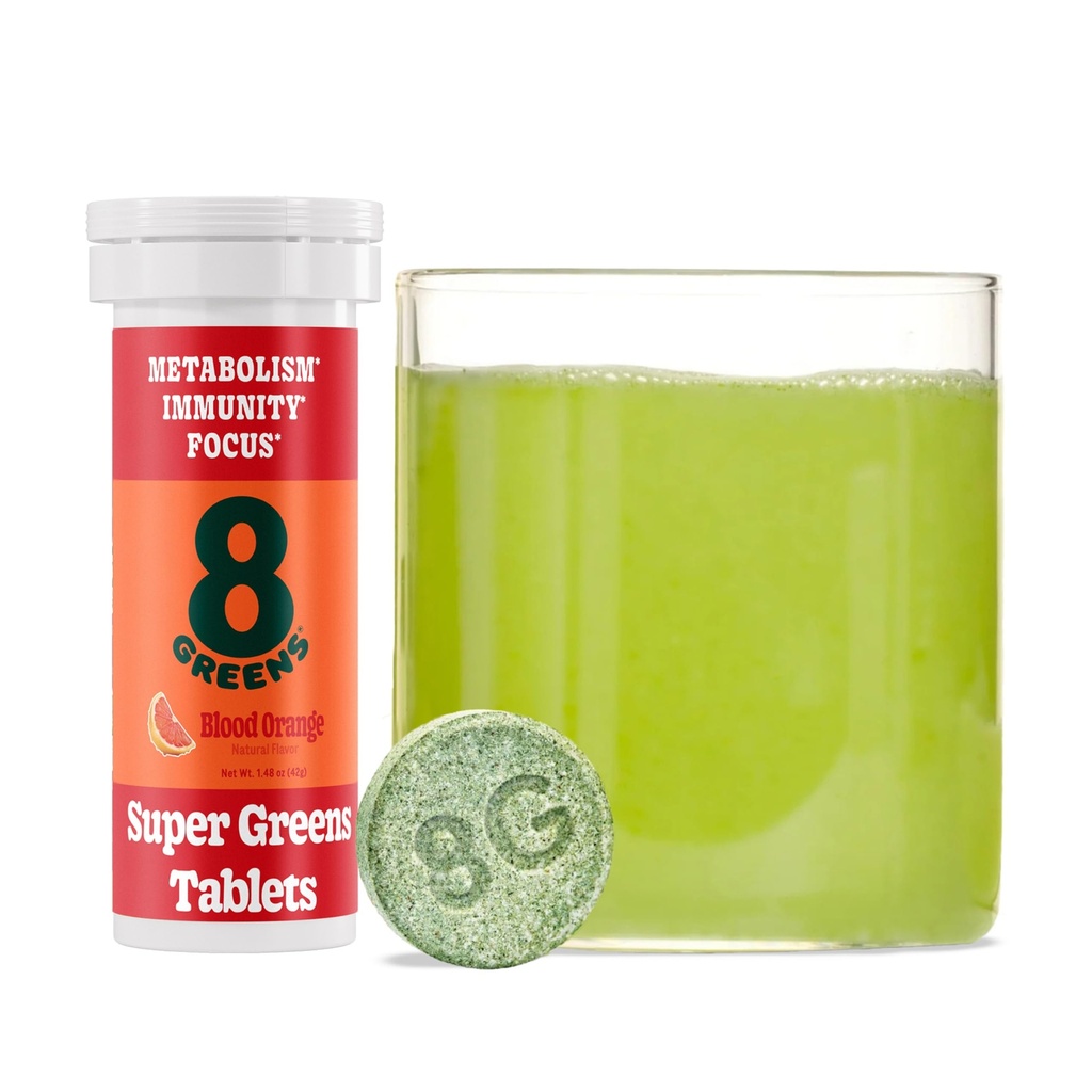 Super Greens Powder Superfood Tablet, Metabolism Immunity & Focus, Daily Greens Effervescent Tablet, Organic: Aloe Vera, Spirulina, Chlorella, Blood Orange, 10 Pegawai