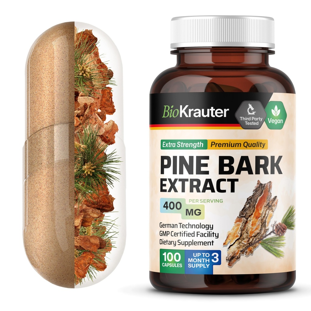 BIO KRAUTER Pine Bark Extract Capsules 400 mg - 100 Count - Antioksidant Suplemen - 95% Proanthocyanidins - Pine Bark Supplemen - Vegan, No Fillers