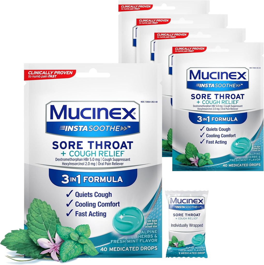 Pemasangan Mucinex InstaSoothe Throat + Cough Relief Alpine Herbs & Mint Flavor, Fast Acting, Cooling Comfort, Powerful Sore Throat Oral Pain Reliever, 40 Obat Drops (40 Count (Paket 5)
