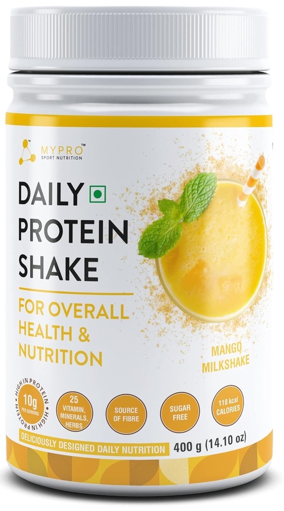 Generik QURA Daily Protein Shake 118 kcal Calories, 25 Vitamin, Mineral & 7 Herbs, Provide Energy, Dukung kekebalan tubuh & bone HealthFor Men & Women Mango Milk Shake Flavor -400Gm-40