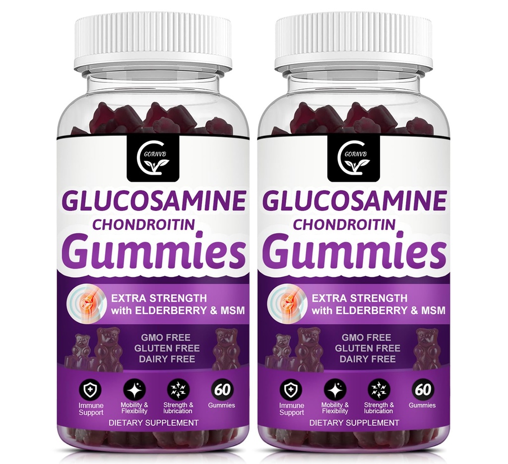 Glucosamin Chondroitin Gummies dengan MSM & Elderberry Ekstra Kekuatan - Dukungan Fleksibilitas, Suplemen Ammunian Antioksidant untuk Dewasa, Pria & Perempuan - 60 Chondroitin Gummies (2 Pack)