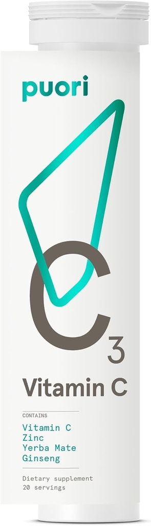 Puori C3 Vitamin C Tambahan untuk Dukungan Imune dan Antioksidan - 20 Hamba - Vitamin C, Zinc, Yerba Mate, Ginseng Membantu Melawan Fungsi Fatigue dan Kognitive