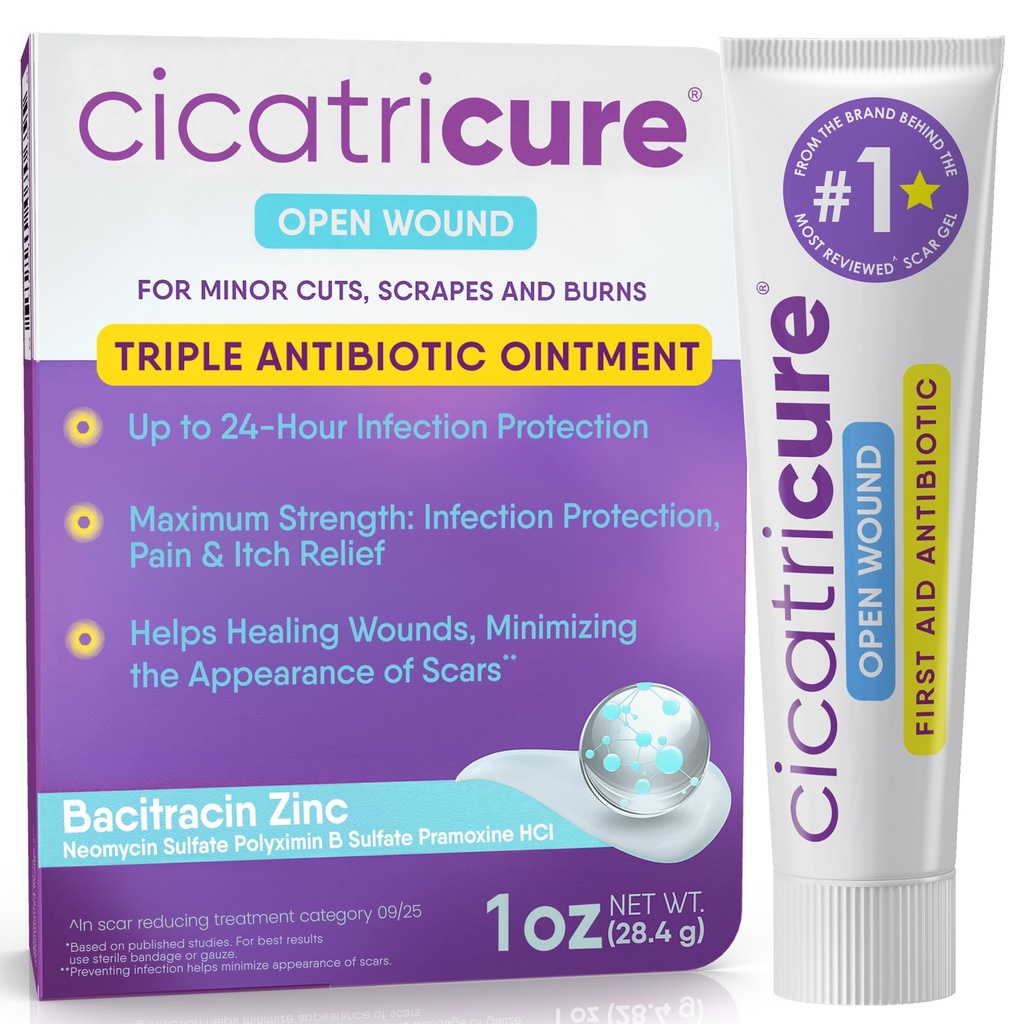 Cicatricure Triple Antibiotic Oquite with Pain Relief, Bacitrasin Antibiotic Oquis & Cream for Wound Care, Healing Opering for Cuts, Burns, Insect Bite, First Aid Supplies Estiles, 1 oz