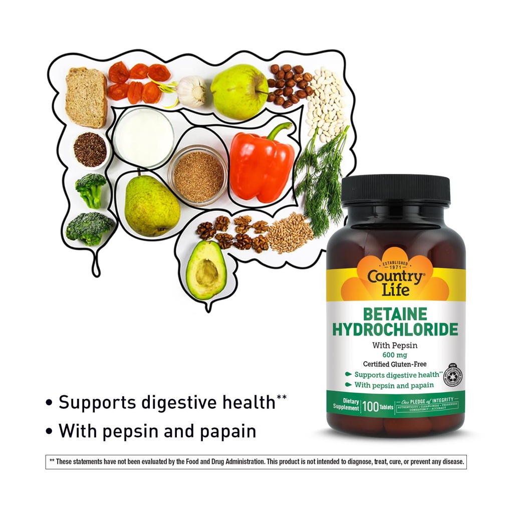 Country Life Betaine Hydrochloride dengan Pepsin, 600mg, 100 Tablet, Disertifikasi Gluten Bebas