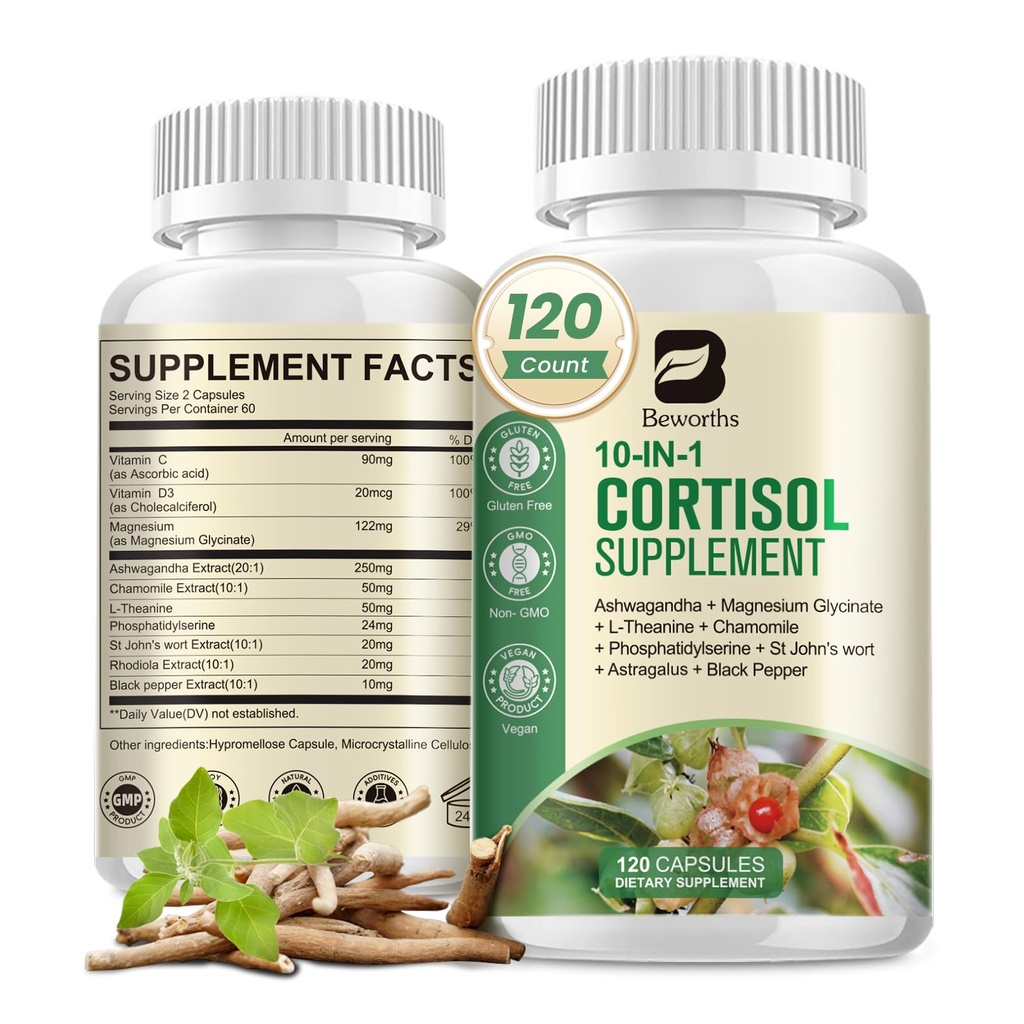 Suplemen Cortisol untuk Perempuan Pria, 10-in 1 Cortisol Detox dengan Ashwagandha, Magnesium, L-Theanine, Balanced Cortisol Levels, Malam & Tenang Dukungan, 120 Vegan Capsules