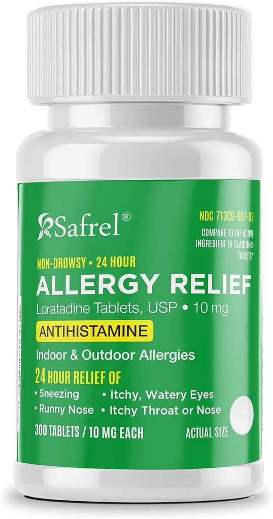 Safrel Allergy 10mg Tablet nomor 124. bukan-Drowsy 24 Hour Relief Medicine 134; Antihistamin Dukungan untuk Runny Nose, Sneezing, Itchy, Watery Eyes (300 Count (Paket 1)