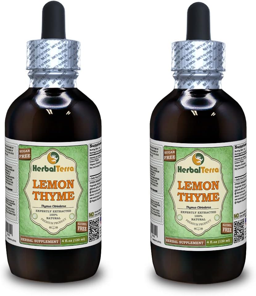 Lemon Thyme (Thymus x Citriodorus) Glycerite, Organic Dry Herb Alcohol- Free Liquid Extract (Nama Merek: HerbalTerra, Proughtly Made in USA) 2x4 f.oz (2x120 ml)