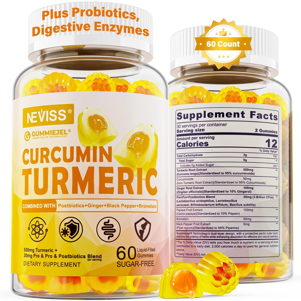 Sugar Free Turmeric Curcumin Filled Gummies 550mg for Adults, Ginger & Black Pepper 124; 95% Curcuminoid w / Prebiotic Probiotic & Postbiotic Blend, Dukung Imune & Digetical Health, Vegan 60 Count