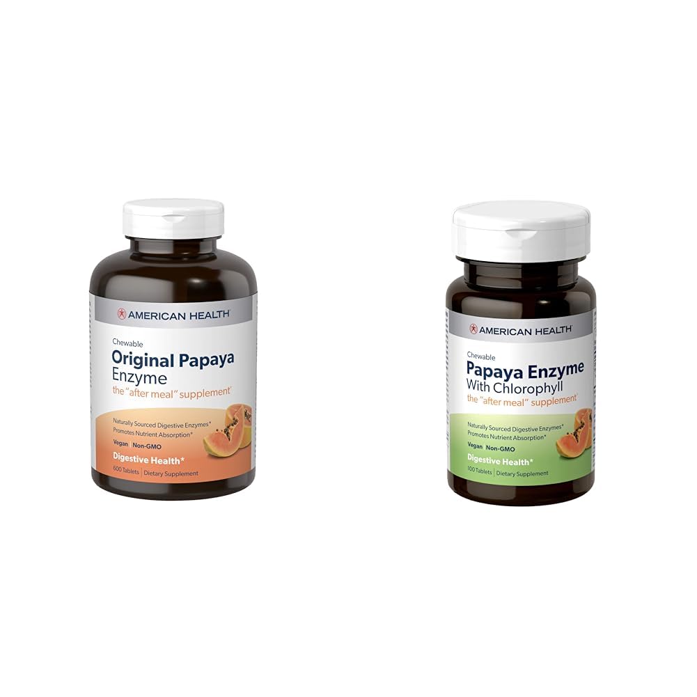 American Health Papaya Digetical Enzyme Chewable Tablets Bundle - 600 Count Asli dan dengan Chlorophyll 100 Count