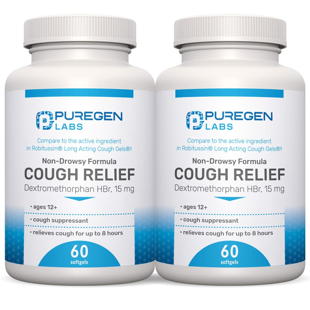P Puregen Lab Cough Relief untuk Dextrotorfan HBr 15mg (120 Softgels) 8- Hour, Non-Drowsy, Long- Lasting Bronchial Suppresan 124; Ages 12 + 124; Compare to Robaten and Robitsin 2Pack