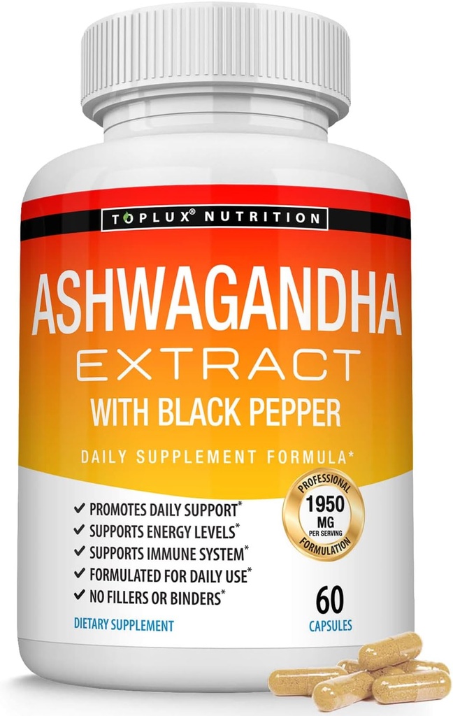 Akar Powder Organik Ashwagandha Pil 1950 Mg dengan Ekstrak Pepper Hitam
