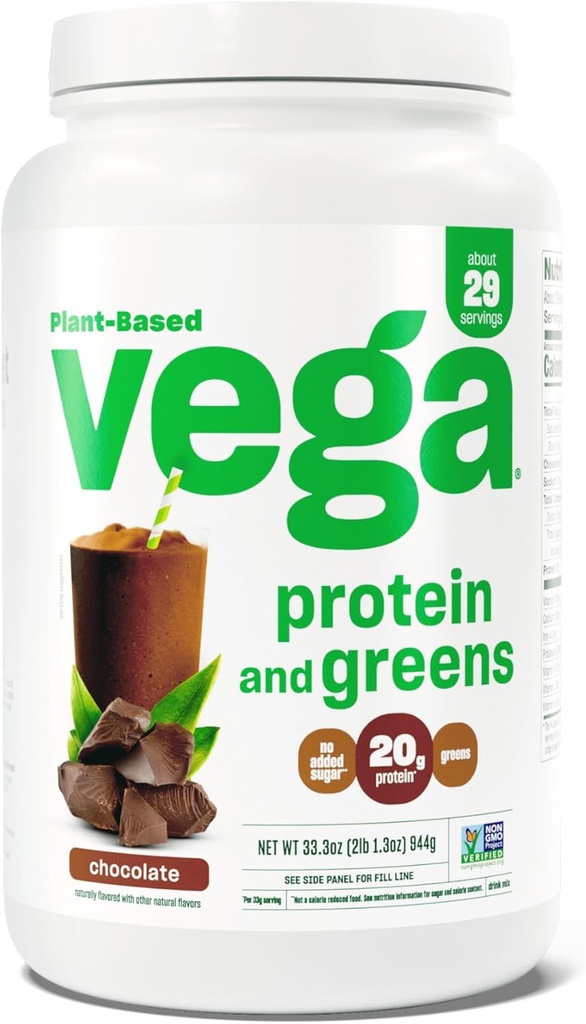 Vega Protein dan Hijau Powder Protein, Chocolate - 20g Tanaman Berbasis Protein Ditambah Vegan, Non GMO, Pea Protein untuk Perempuan dan Pria, 2.1bs
