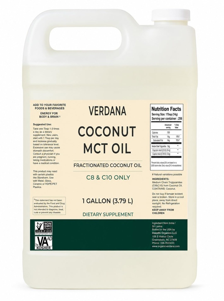 Verdana MCT Oil, Fractionated, 100% dari Coconut - 1 Gallon - Kosher Tingkat Makanan, Vegan, Non-GMO - Great for Keto dan Paleo Diet (128 Fl Oz)