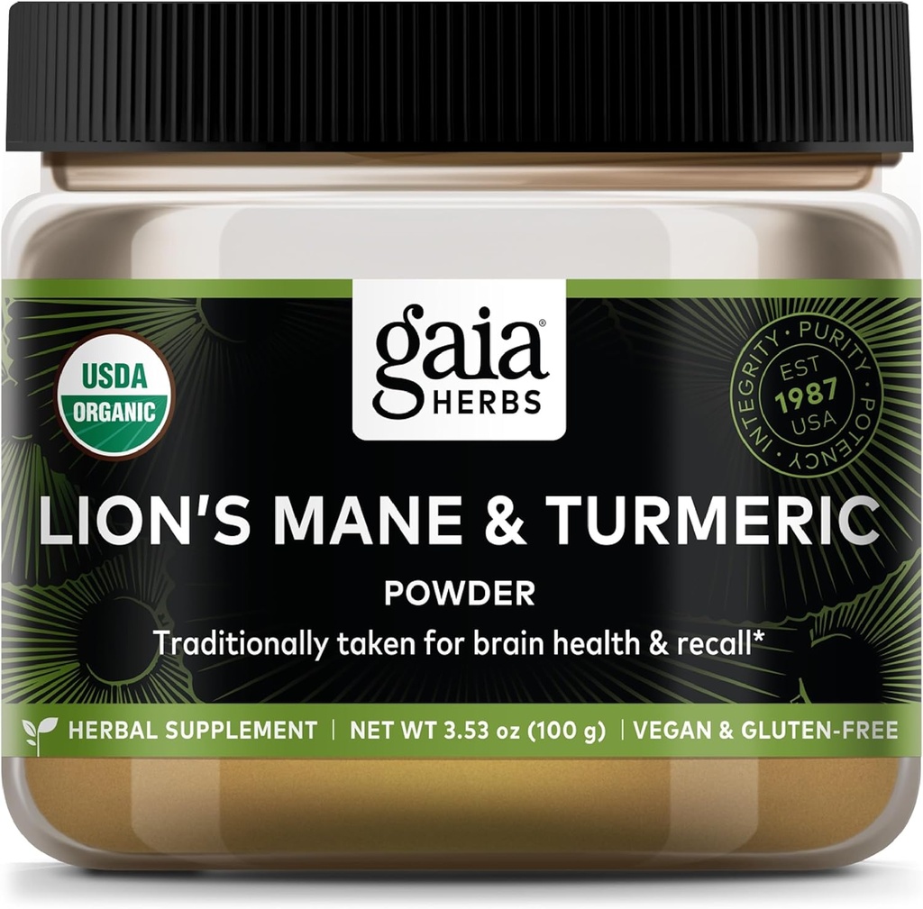 Bubuk Mean dan Turmeric Gaia Herbs Lion - Busur Jamur Herbal untuk Mempertahankan Kesehatan Otak dan Ulang - USDA Sertifikasi Organisasi-3.53 Oz (Suppply Hari sampai 45- Hari)