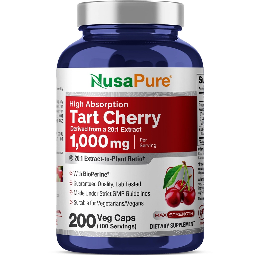 NusaPure Organ Tart Cherry 20: 1 Ekstrak, 1000 mg Equivalen dengan 20.000 mg 200 Veggie Caps (Vegan, Non-GMO) Bioperin