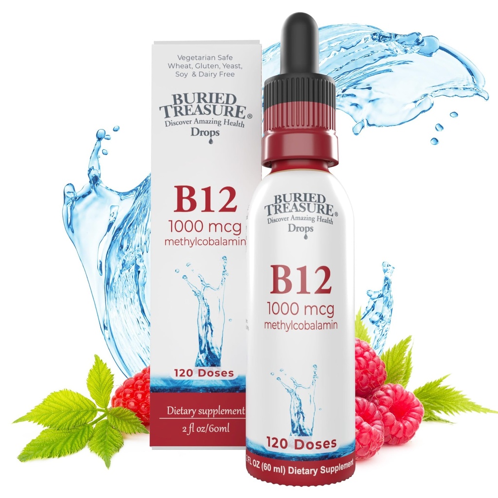Treasure B12 Drops - 100mcg Vitamin B12 Methylcobalamin per Serving, 120 Serving - Sublinual B12, Alcohol- Free, Vegan, Raspberry Flavor, 2 oz Bottle, Lulus Dropper Curate Dosing
