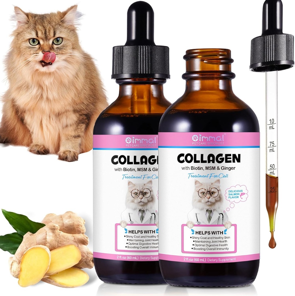 2Pack Liquid Collagen for Cats, Collagen for Cats 2 fl.oz, Skin and Coat Suplement for Cats, Itch Relief for Cats with Allergies, with Bovine Collagen, Biotin, MSM, Ginger, Collagen for Cats Drops