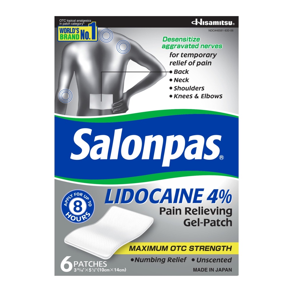 Salonpas Lidocaine 4% Pain Relifeing Gel-Patch, 6 Count, for Back, Neck, Shoulder, Knee & Elbow Pain